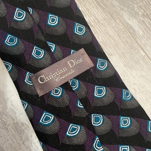 Christian Dior 100% Silk Peacock Black Purple Blue Tie - Picture 3 of 4